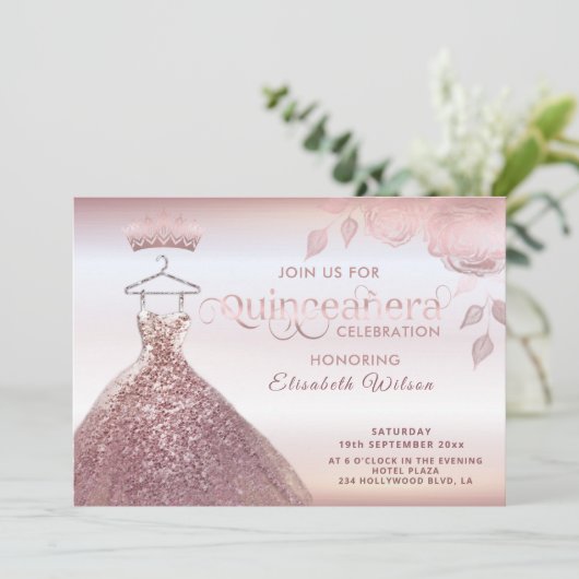 Floral sequeit roos gouden jurk Quinceañera Invita Kaart (Staand voorkant)