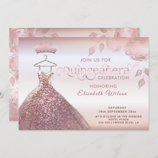 Floral sequeit roos gouden jurk Quinceañera Invita Kaart (Voorkant / Achterkant)