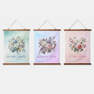 Floral Serenity: 3-delig houten wandtapijt met top Hangend Wandkleed