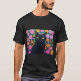 Floral Serenity: The Black Cat T-shirt