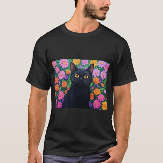 Floral Serenity: The Black Cat T-shirt (Voorkant)
