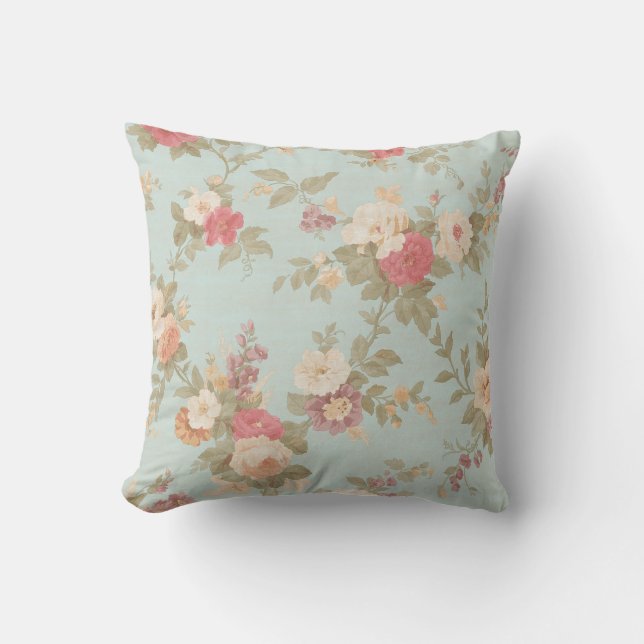 Floral Shabby Chic Pink Rose Flowers Blue Kussen (Voorkant)