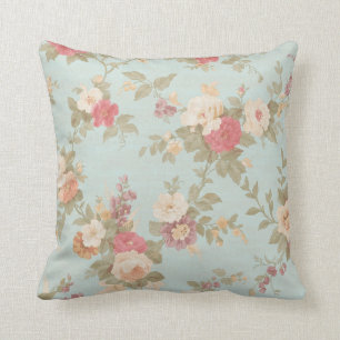 Floral Shabby Chic Pink Rose Flowers Blue Kussen