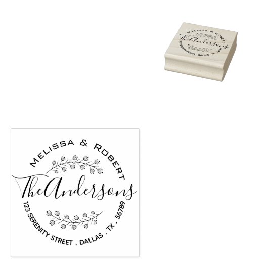 Floral Shaded Branch Wreath Couple Adres Rubberstempel (Gestempeld)
