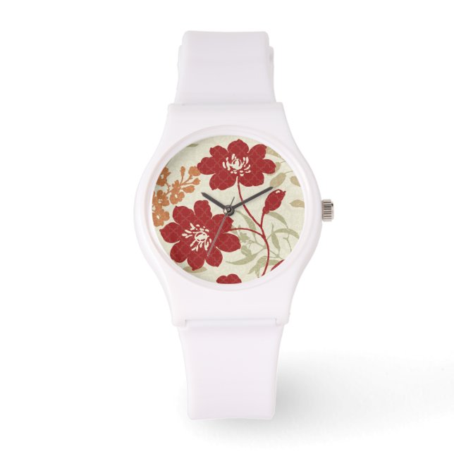Floral Shadows in Red en Oranje Horloge (Voorkant)
