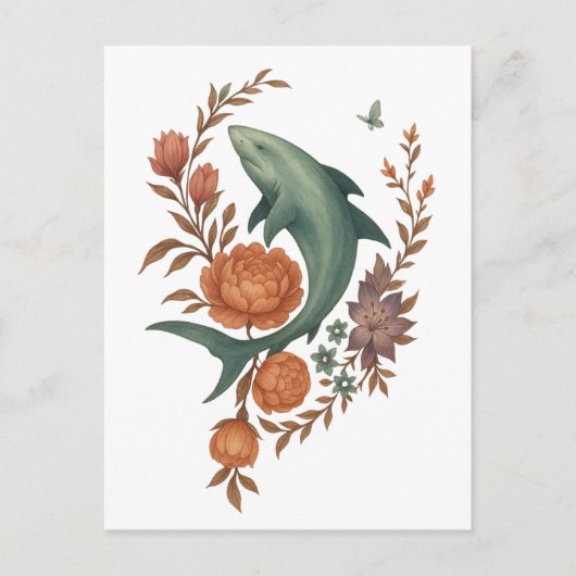 Floral Shark Harmony – Natuur & Ocean Fusion Art Briefkaart (Voorkant)