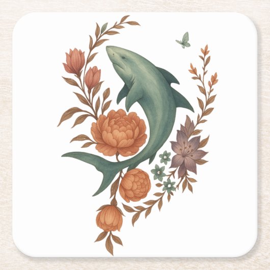 Floral Shark Harmony – Natuur & Ocean Fusion Art Kartonnen Onderzetters (Voorkant)