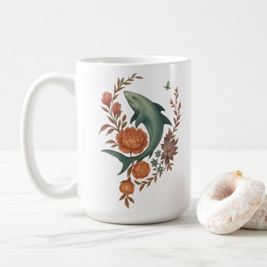 Floral Shark Harmony – Natuur & Ocean Fusion Art Koffiemok (Met donut)