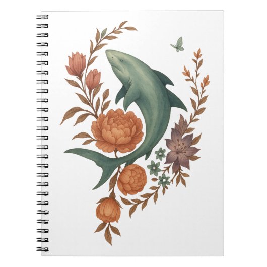 Floral Shark Harmony – Natuur & Ocean Fusion Art Notitieboek (Voorkant)
