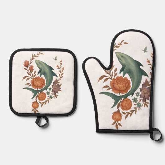 Floral Shark Harmony – Natuur & Ocean Fusion Art Ovenwant & Pannenlap Set (Voorkant)