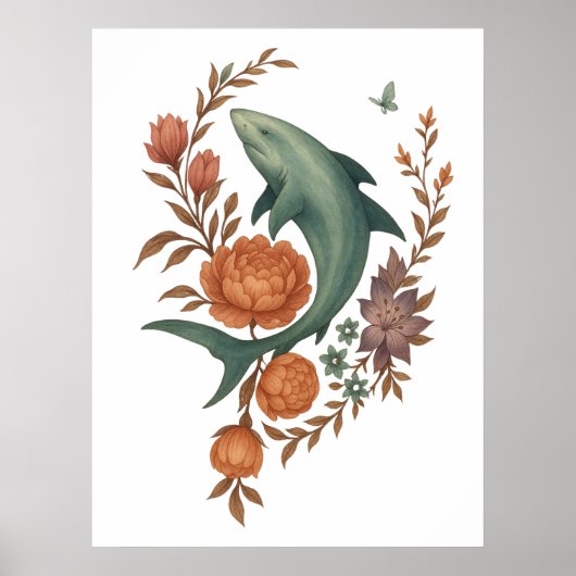Floral Shark Harmony – Natuur & Ocean Fusion Art Poster (Voorkant)