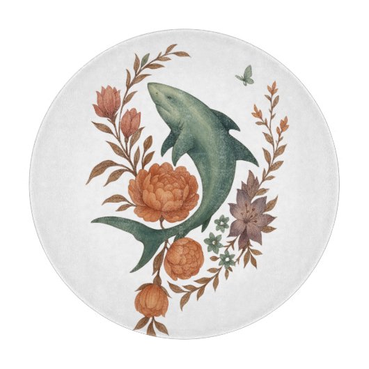 Floral Shark Harmony – Natuur & Ocean Fusion Art Snijplank (Voorkant)