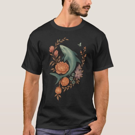 Floral Shark Harmony – Natuur & Ocean Fusion Art T-shirt (Voorkant)
