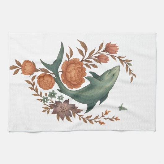Floral Shark Harmony – Natuur & Ocean Fusion Art Theedoek (Horizontaal)