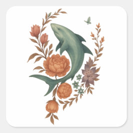 Floral Shark Harmony – Natuur & Ocean Fusion Art Vierkante Sticker