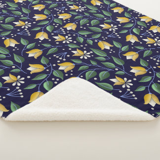 Floral Sherpa Blanket in Diep Blauw en Geel Deken
