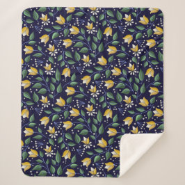 Floral Sherpa Blanket in Diep Blauw en Geel Sherpa Deken