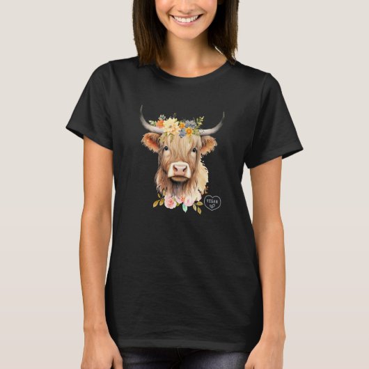 Floral Shetland Cow Vegan Awareness T-shirt (Voorkant)