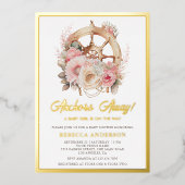 Floral Ship Wheel Nautical Girl Baby shower Gold Folie Uitnodiging (Voorkant)