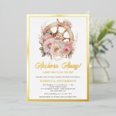 Floral Ship Wheel Nautical Girl Baby shower Gold Folie Uitnodiging (Staand Voorkant)