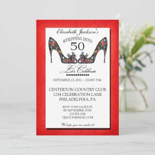  Floral Shoe 50th Birthday Uitnodiging (Staand voorkant)