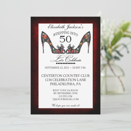  Floral Shoe 50th Birthday Uitnodiging (Staand voorkant)