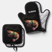 Floral Shrimp Art Custom Ovenwant & Pannenlap Set (Voorkant / Achterkant)