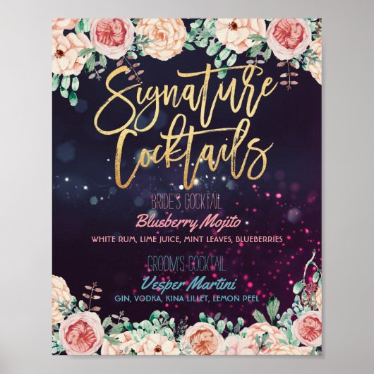 Floral Signature Cocktail Drink Menu Wedding Decor Poster (Voorkant)