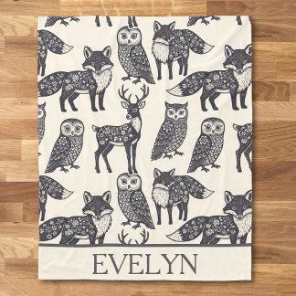  Floral Silhouette Fox, Deer, and Owl Folk Art Fleece Deken