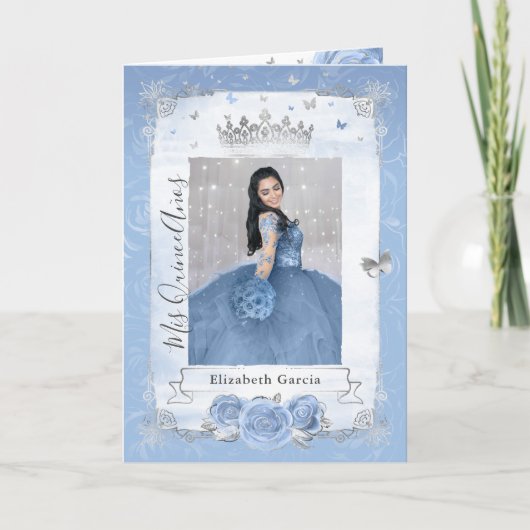 Floral Silver Baby Blue Quinceañera Foto gevolgd (Voorkant)