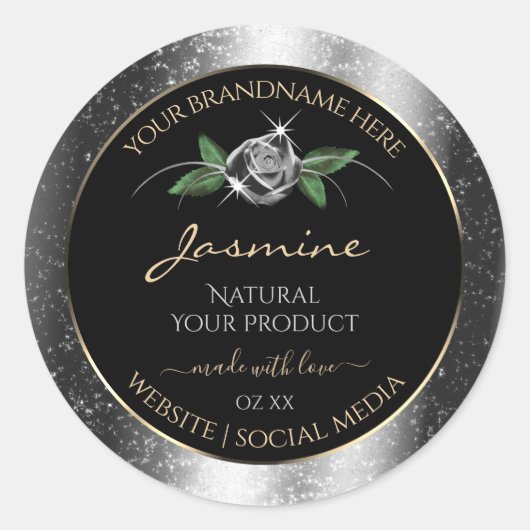 Floral Silver Black Product Labels Sparkle Glitter (Voorkant)