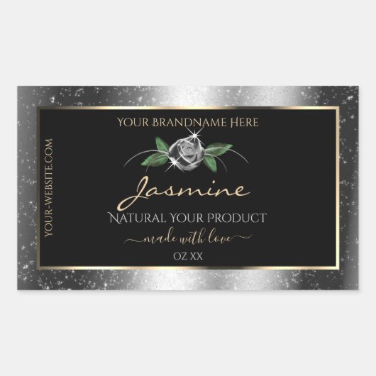 Floral Silver Black Product Labels Sparkle Glitter (Voorkant)