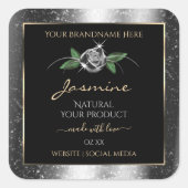 Floral Silver Black Product Labels Sparkle Glitter (Voorkant)
