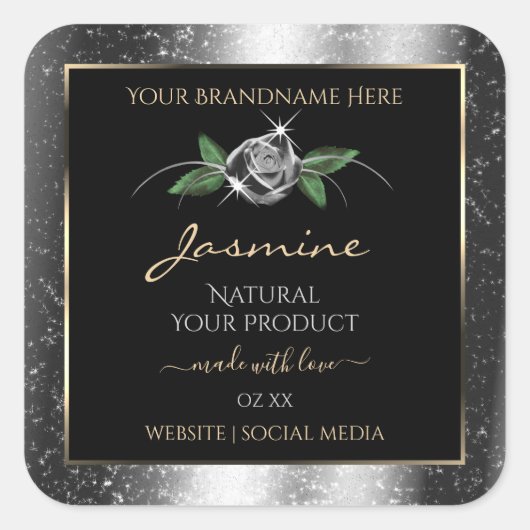 Floral Silver Black Product Labels Sparkle Glitter (Voorkant)