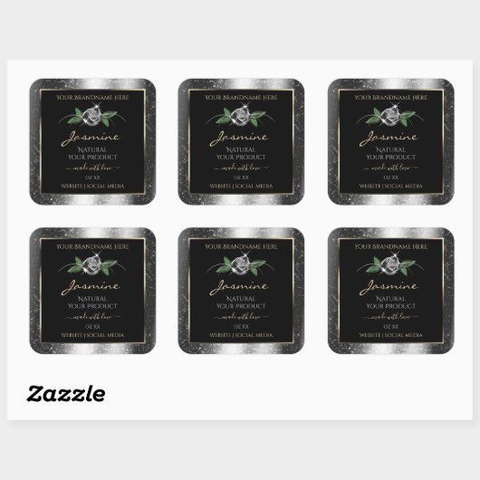 Floral Silver Black Product Labels Sparkle Glitter (Vel)