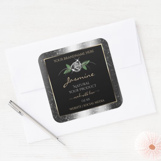 Floral Silver Black Product Labels Sparkle Glitter (Envelop)