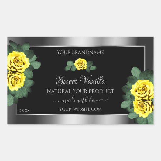 Floral Silver Black Product Labels Yellow Roses (Voorkant)