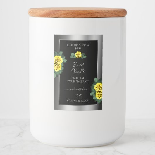 Floral Silver Black Product Labels Yellow Roses Voedselcontainer Etiket (Voorkant)