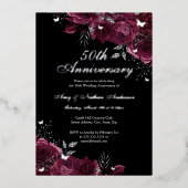 Floral Silver Bourgondië 50ste bruiloft Jubileum Folie Uitnodiging (Voorkant)