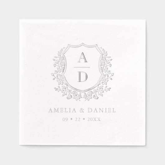 Floral Silver Crest Wedding Monogram Folie Servetten (Voorkant)