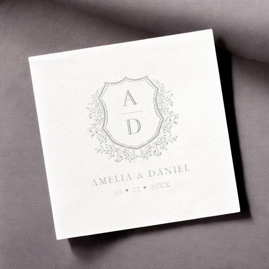 Floral Silver Crest Wedding Monogram Folie Servetten