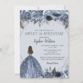 Floral Silver Dusty Blue Spakle Dress Sweet 16 Kaart (Voorkant)