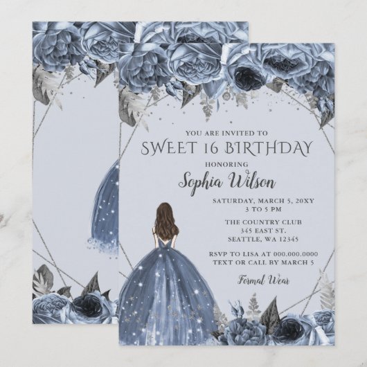 Floral Silver Dusty Blue Spakle Dress Sweet 16 Kaart (Voorkant / Achterkant)
