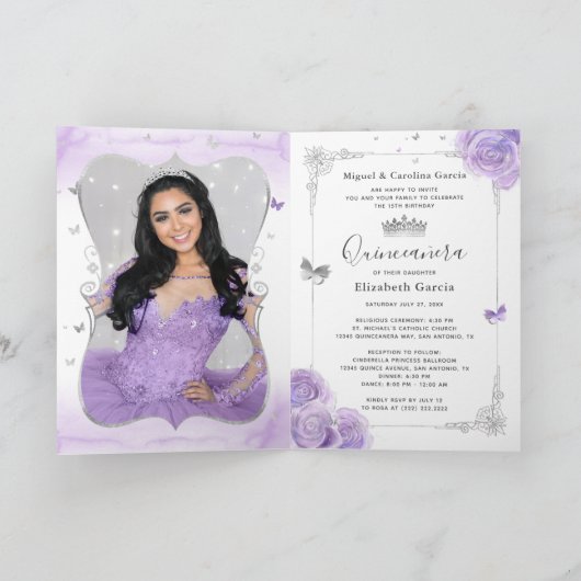 Floral Silver en Light Paars Quince Photo Folded (Binnen)