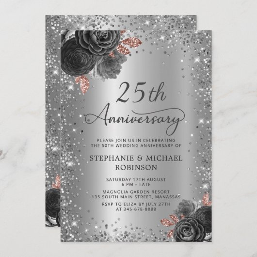 Floral Silver Glitter 25e bruiloft Jubileum Kaart (Voorkant / Achterkant)