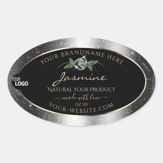 Floral Silver Glitter Black Product Labels Logo (Voorkant)