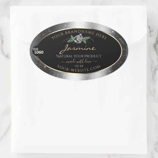 Floral Silver Glitter Black Product Labels Logo (Tas)