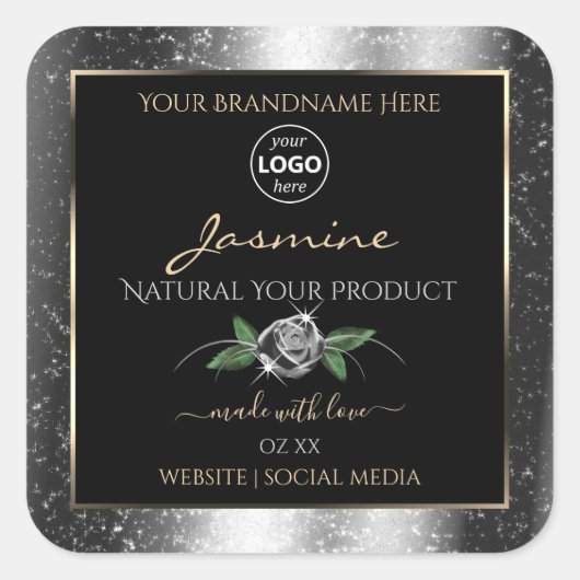 Floral Silver Glitter Black Product Labels Logo (Voorkant)