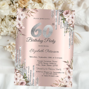 Floral Silver Glitter Drips Roos Gold 60th Kaart