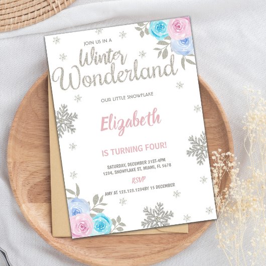 Floral Silver Glitter Winter Wonderland Kaart